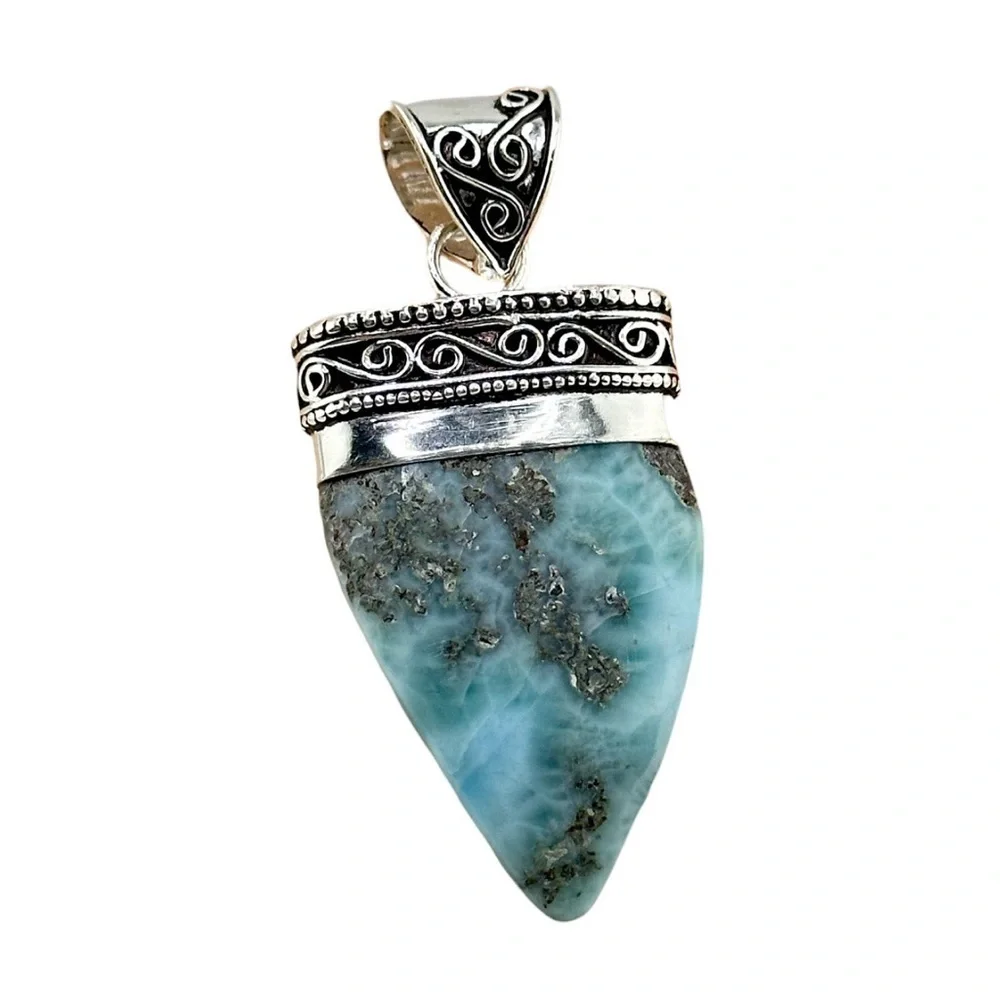 Larimar Caribbean Natural Gemstone 925 Silver Pendant Necklace